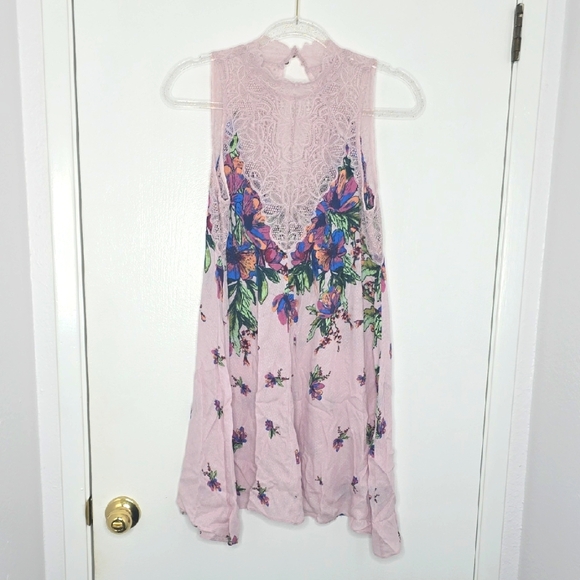 People Womens Marsha Floral Print Lace-Inset Mini Dress Purple - Picture 3 of 7